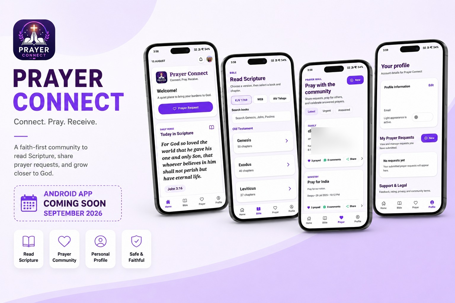 Prayer Connect Android app coming soon in September 2026, showing the logo and multiple mobile screens