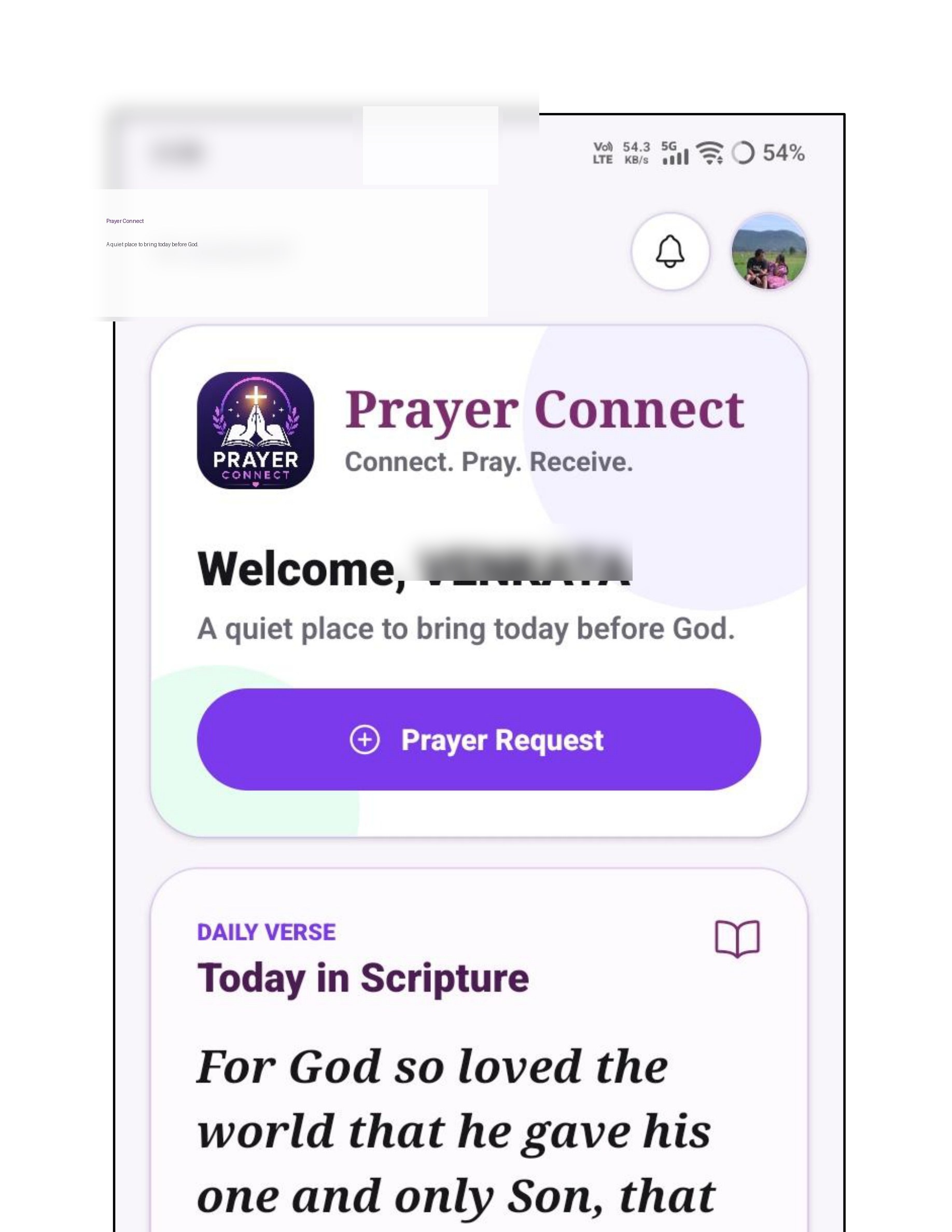 Prayer Connect mobile home screen preview with personal name blurred for privacy