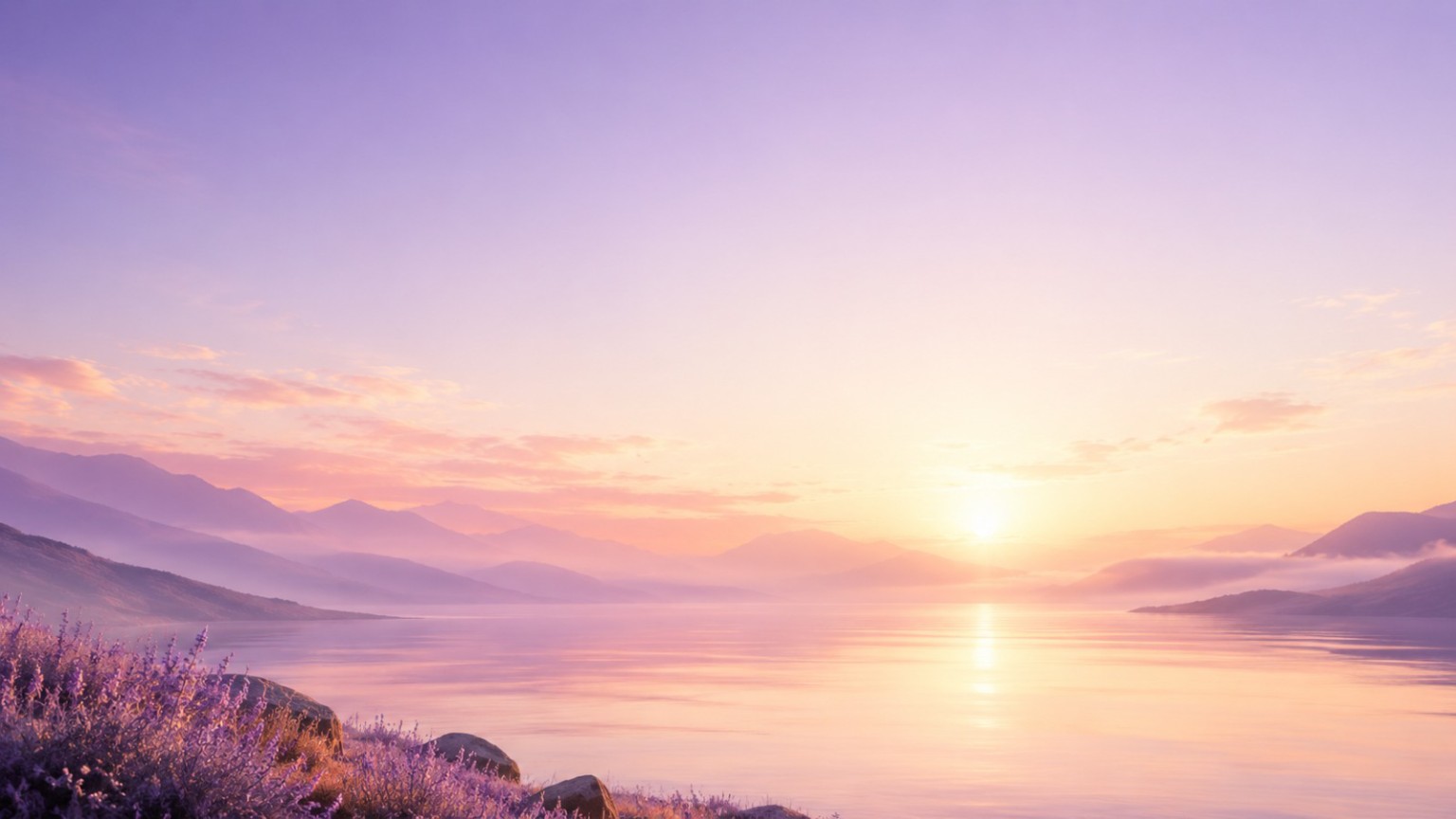 Peaceful sunrise over a lake and mountains