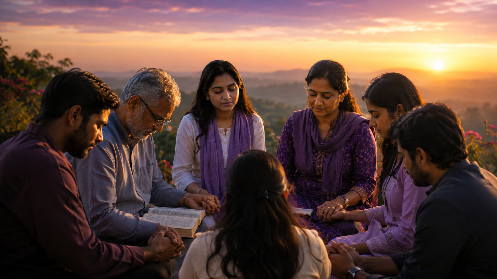 A diverse Christian community praying together at sunset with an open Bible